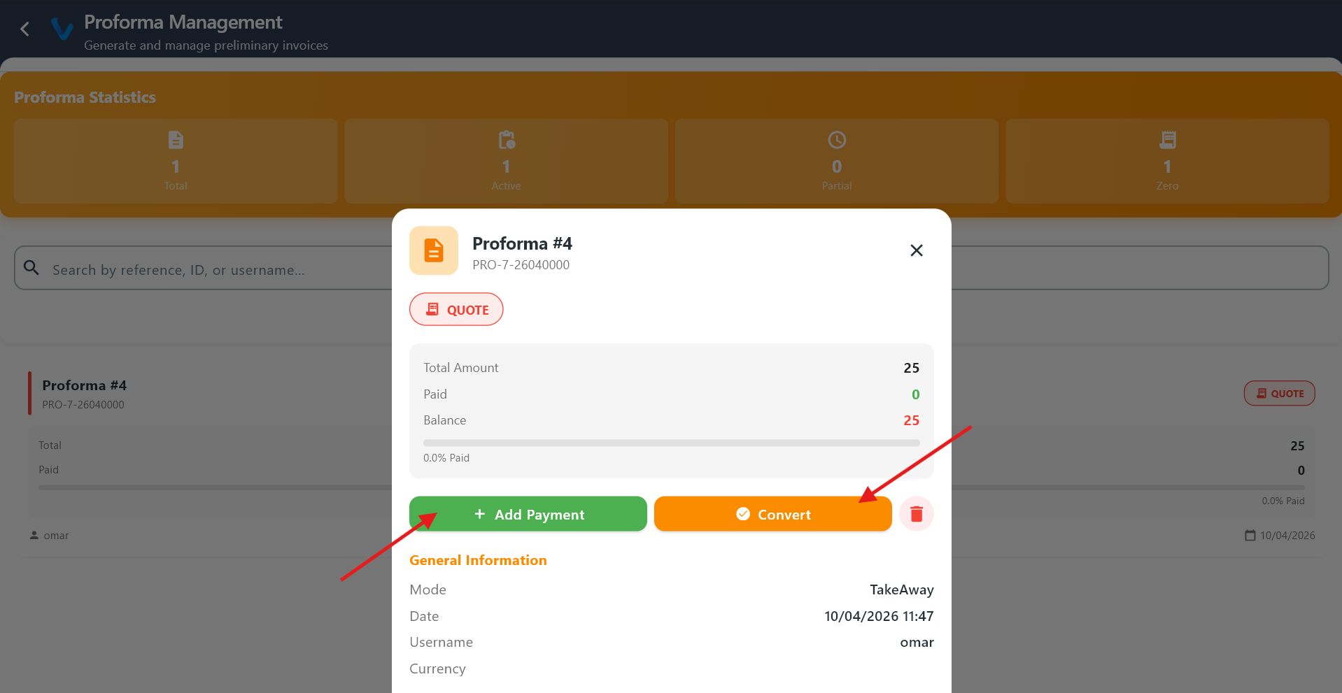 Proforma order view