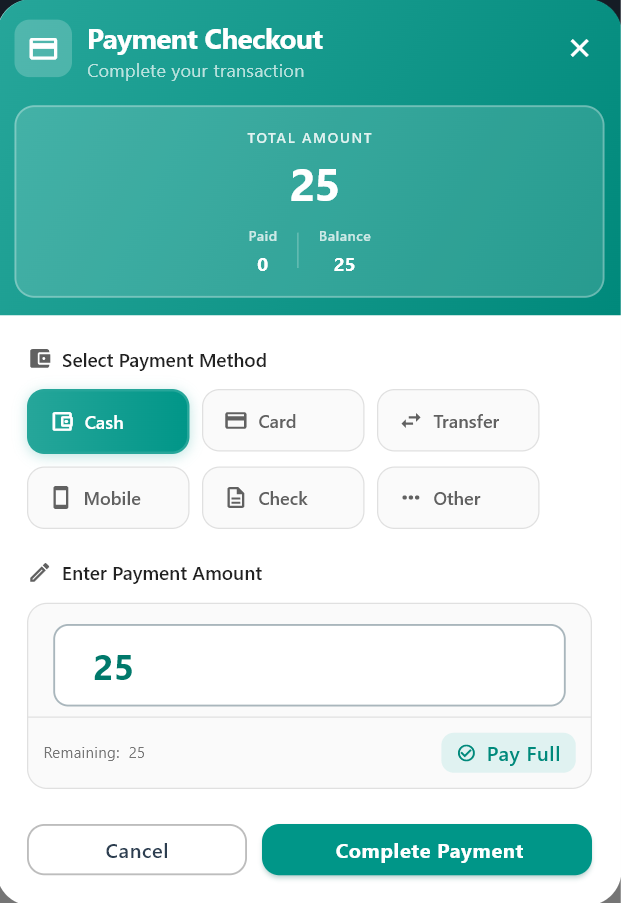 Proforma payment screen