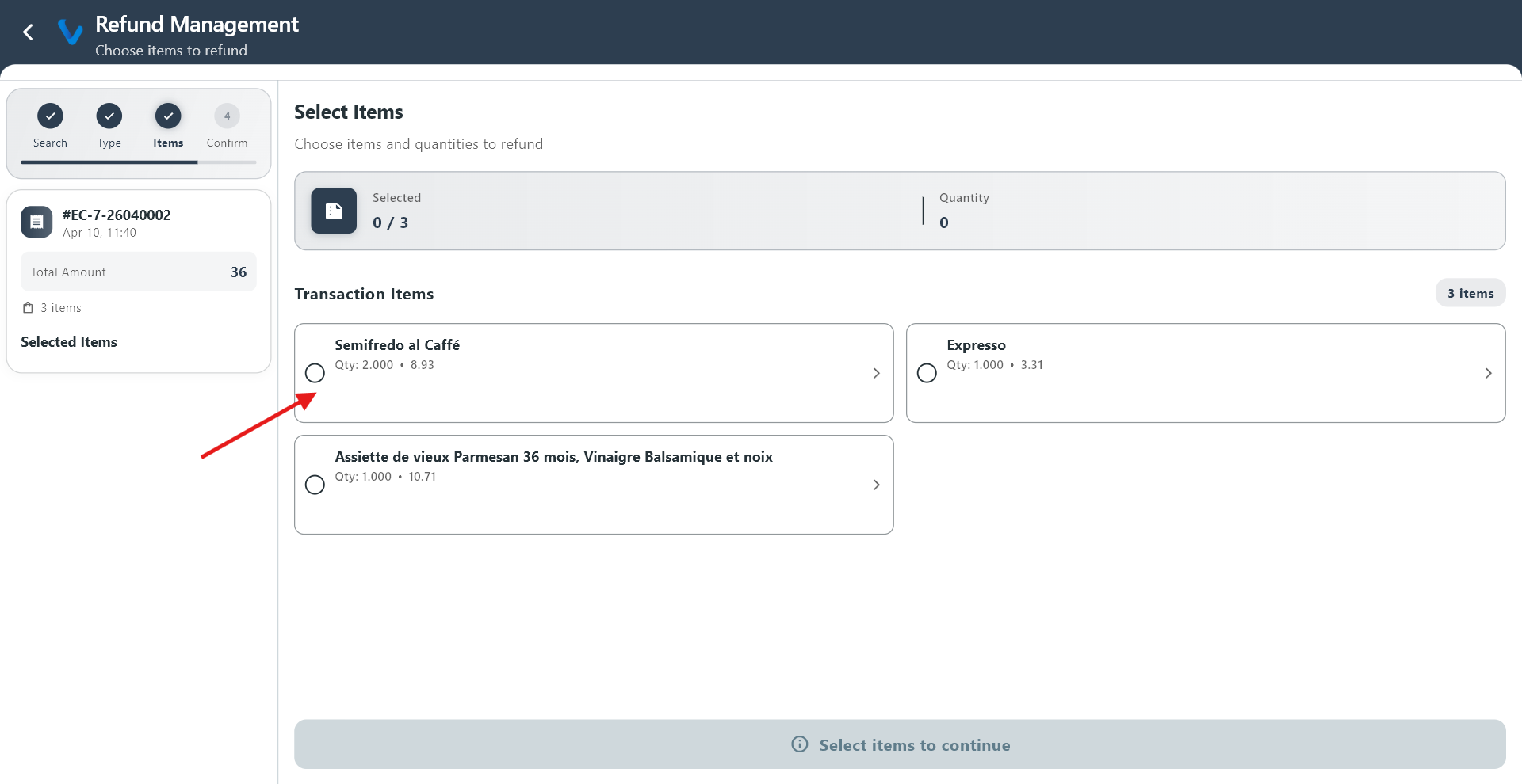 Partial refund — select items
