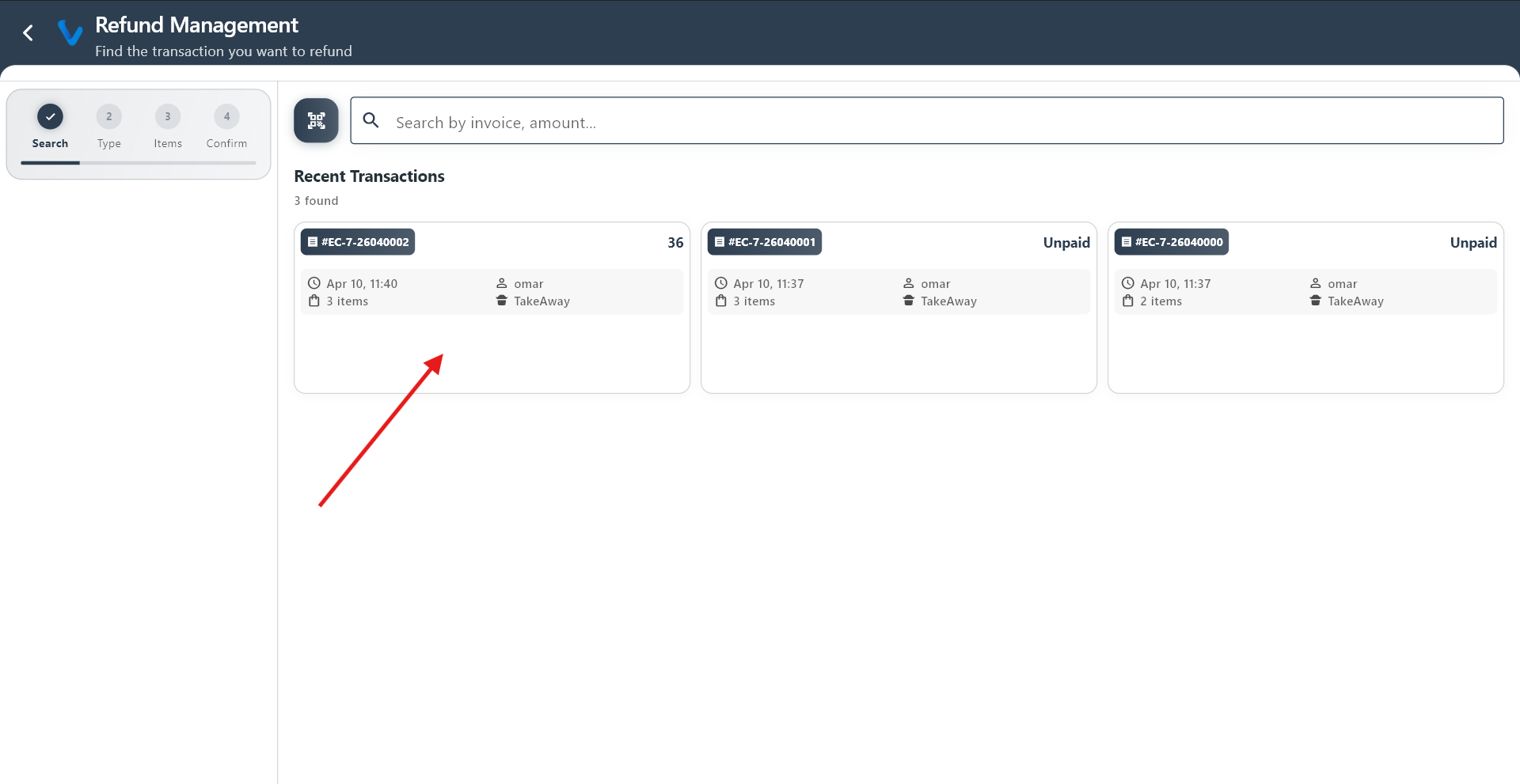 Search for a transaction to refund